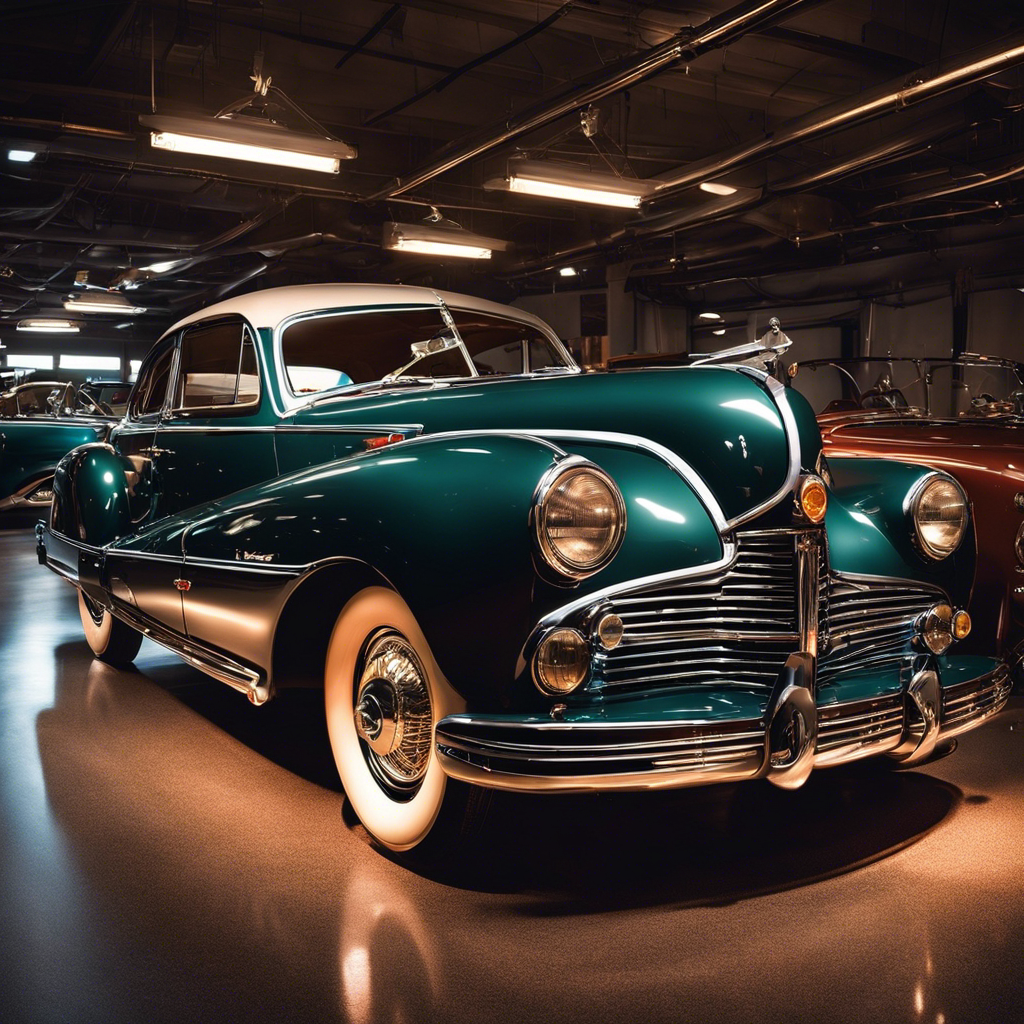 An image showcasing a dimly lit garage adorned with rows of meticulously restored vintage cars, each reflecting a distinct era of automotive history