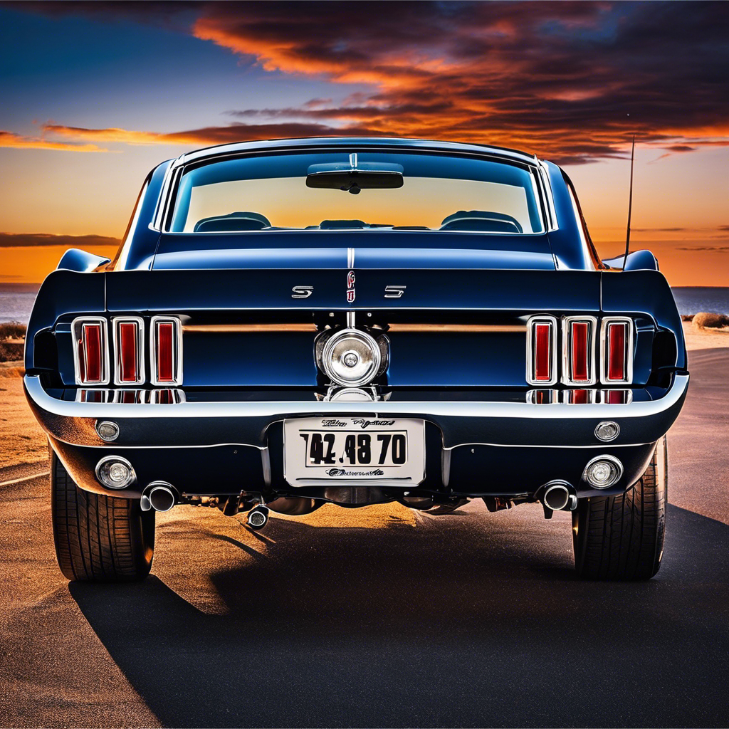 An image showcasing a pair of skilled hands, meticulously polishing the sleek, chrome bumper of a classic, midnight-blue 1967 Shelby GT500 Mustang, reflecting the vibrant sunset hues, capturing the essence of preserving vintage car allure