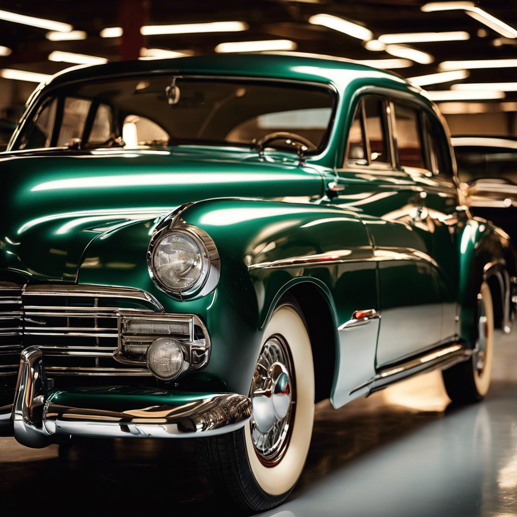 An image showcasing a row of meticulously restored vintage cars, gleaming under soft sunlight in a dimly lit garage