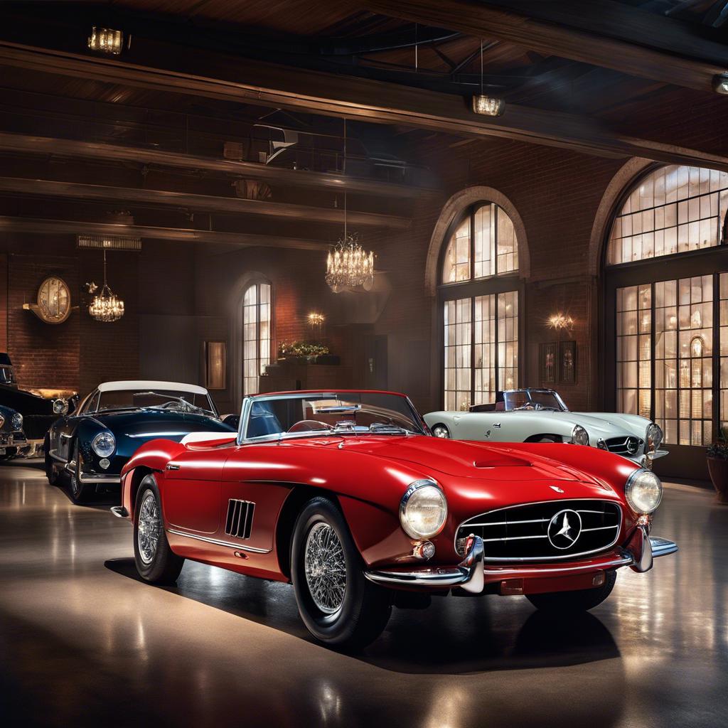 An image capturing the allure of vintage car collections, featuring a dimly lit, climate-controlled garage displaying an array of meticulously restored classics, including a glistening 1961 Ferrari 250 GT California SWB and a sleek 1955 Mercedes-Benz 300SL Gullwing