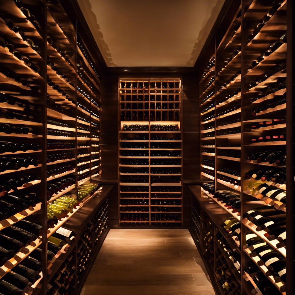 An image showcasing an underground wine cellar with rows of meticulously organized wooden wine racks, dimly lit by soft ambient lighting
