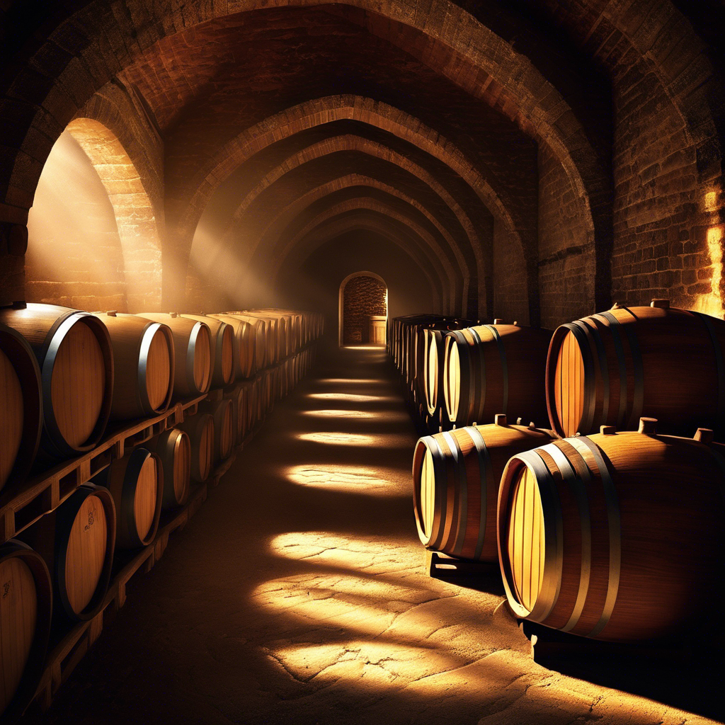An image showcasing a dimly lit wine cellar filled with rows of dusty oak barrels, casting long shadows