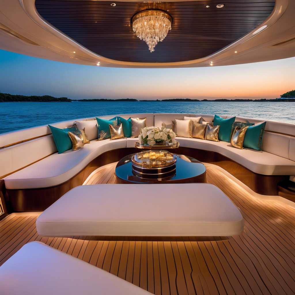  a golden sunset casting a warm glow over a lavish yacht's sleek, polished exterior
