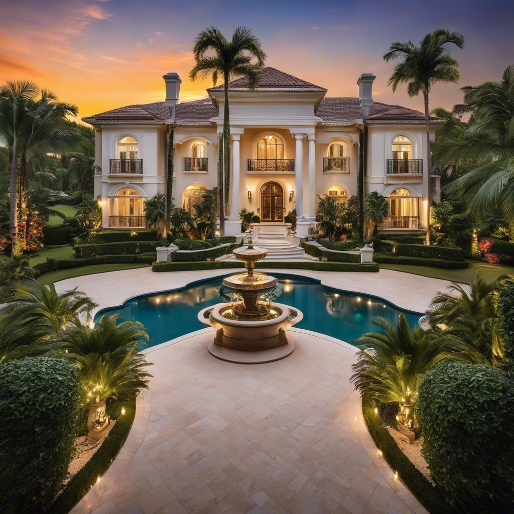 An image showcasing an opulent mansion with a sweeping driveway lined by immaculate gardens, surrounded by lush greenery and towering palm trees